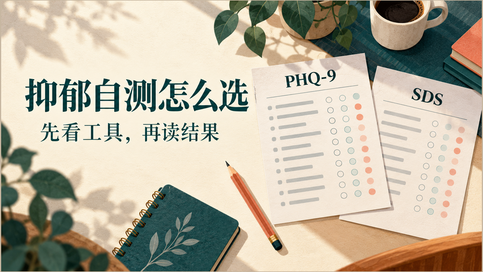 抑郁自测怎么选：先看工具，再读结果，PHQ-9与SDS选表主题插画