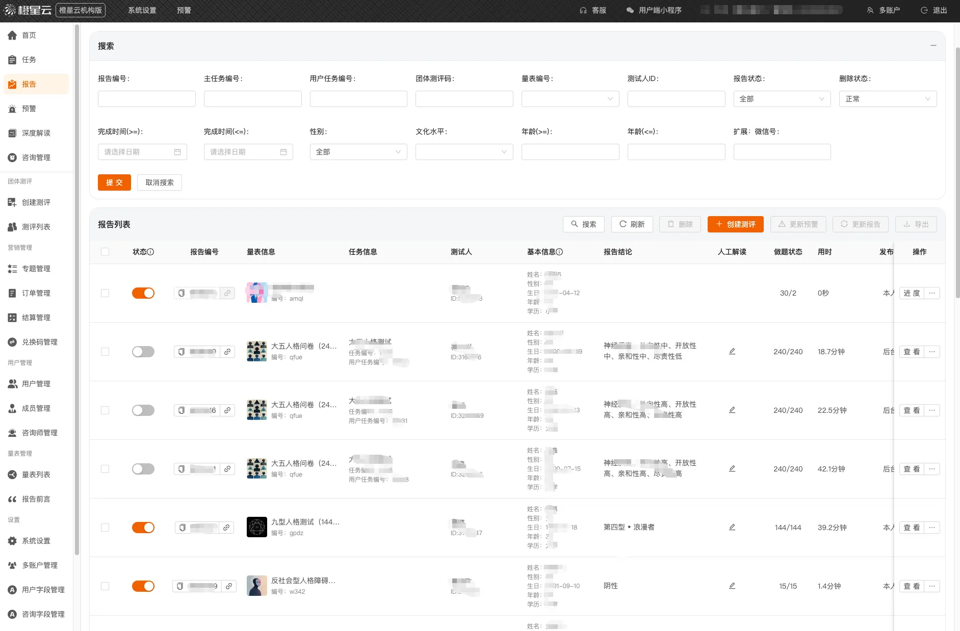 橙星云机构版心理测评系统报告模块界面