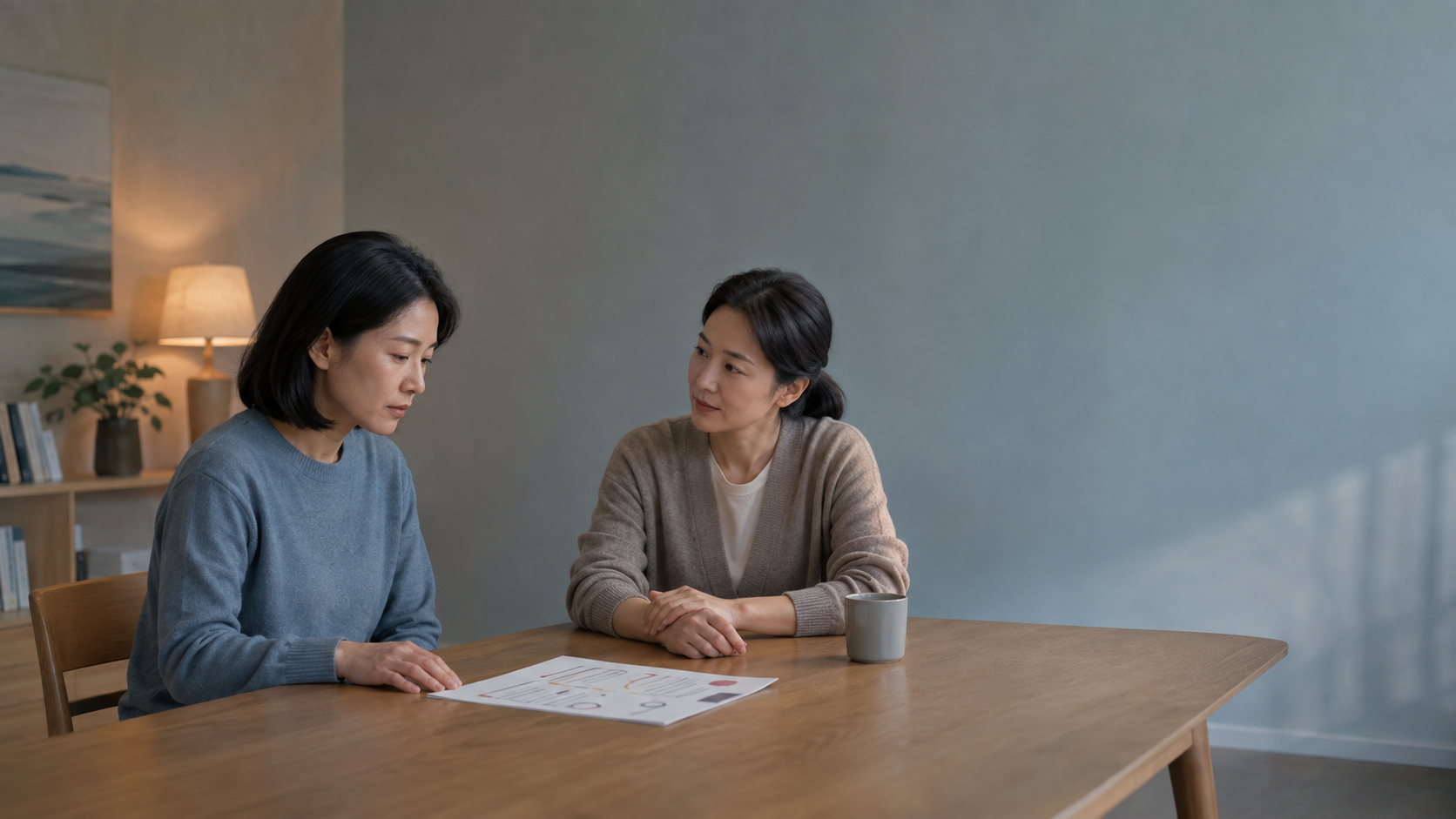 两位成年女性在安静房间中交谈，一人认真倾听并支持情绪低落的同伴