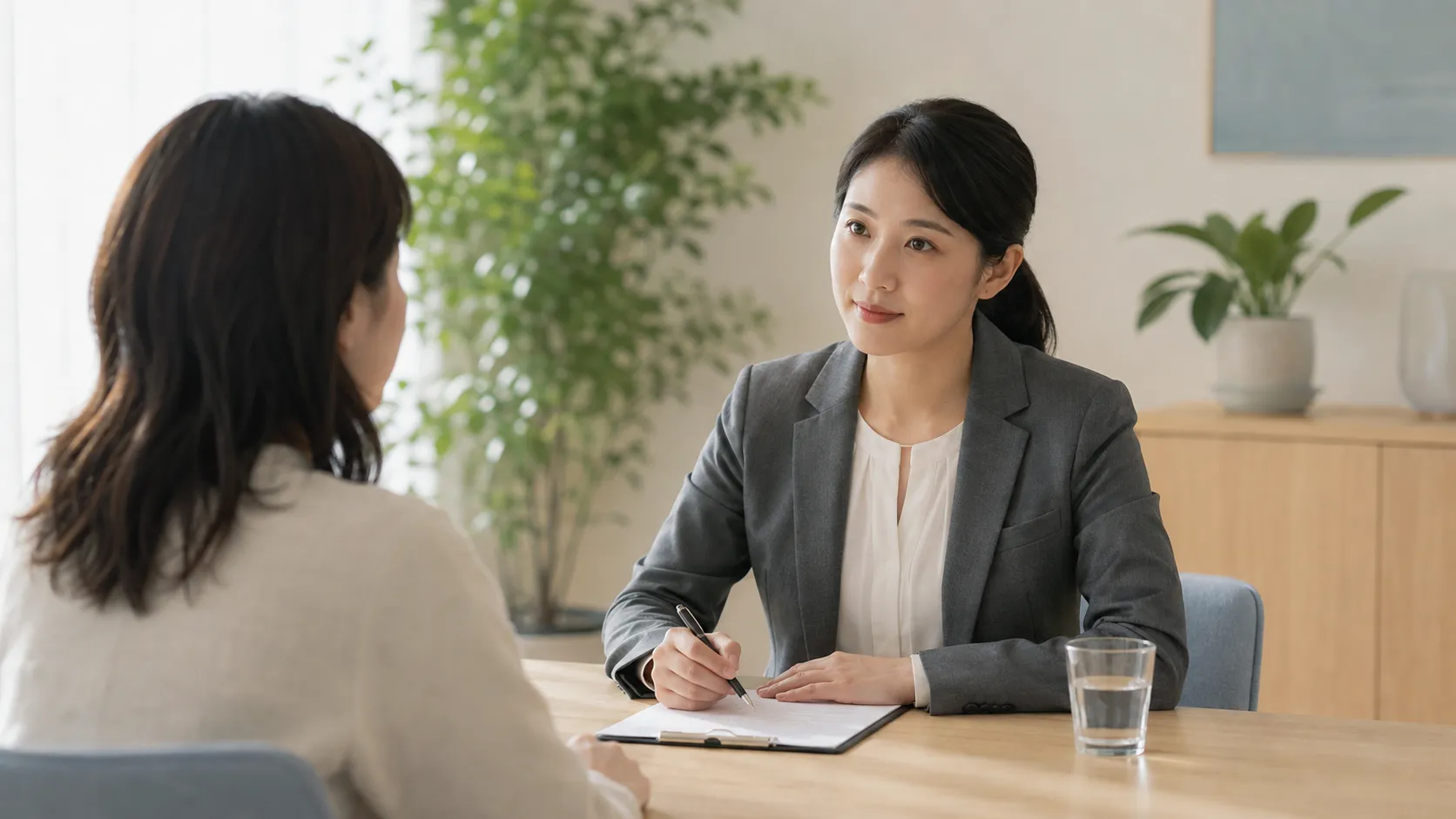 法律援助接待人员在安静房间里与来访者进行支持性沟通