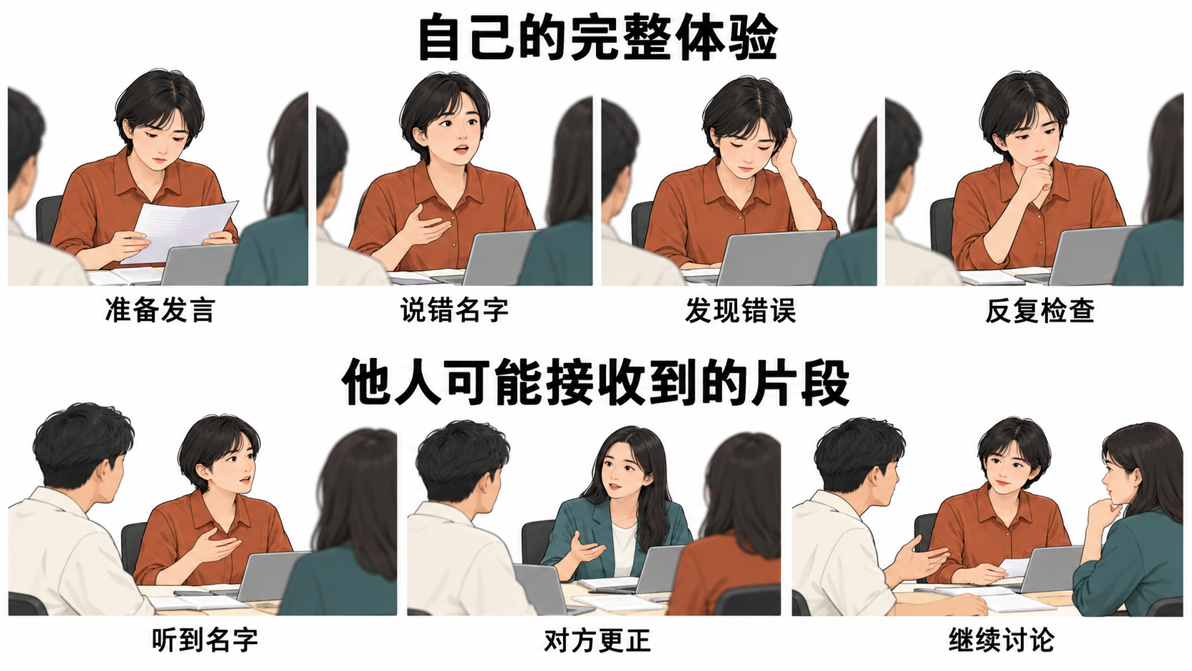 上排依次呈现准备发言、说错名字、发现错误和反复检查；下排呈现他人可能接收到的听到名字、对方更正和继续讨论三个片段。