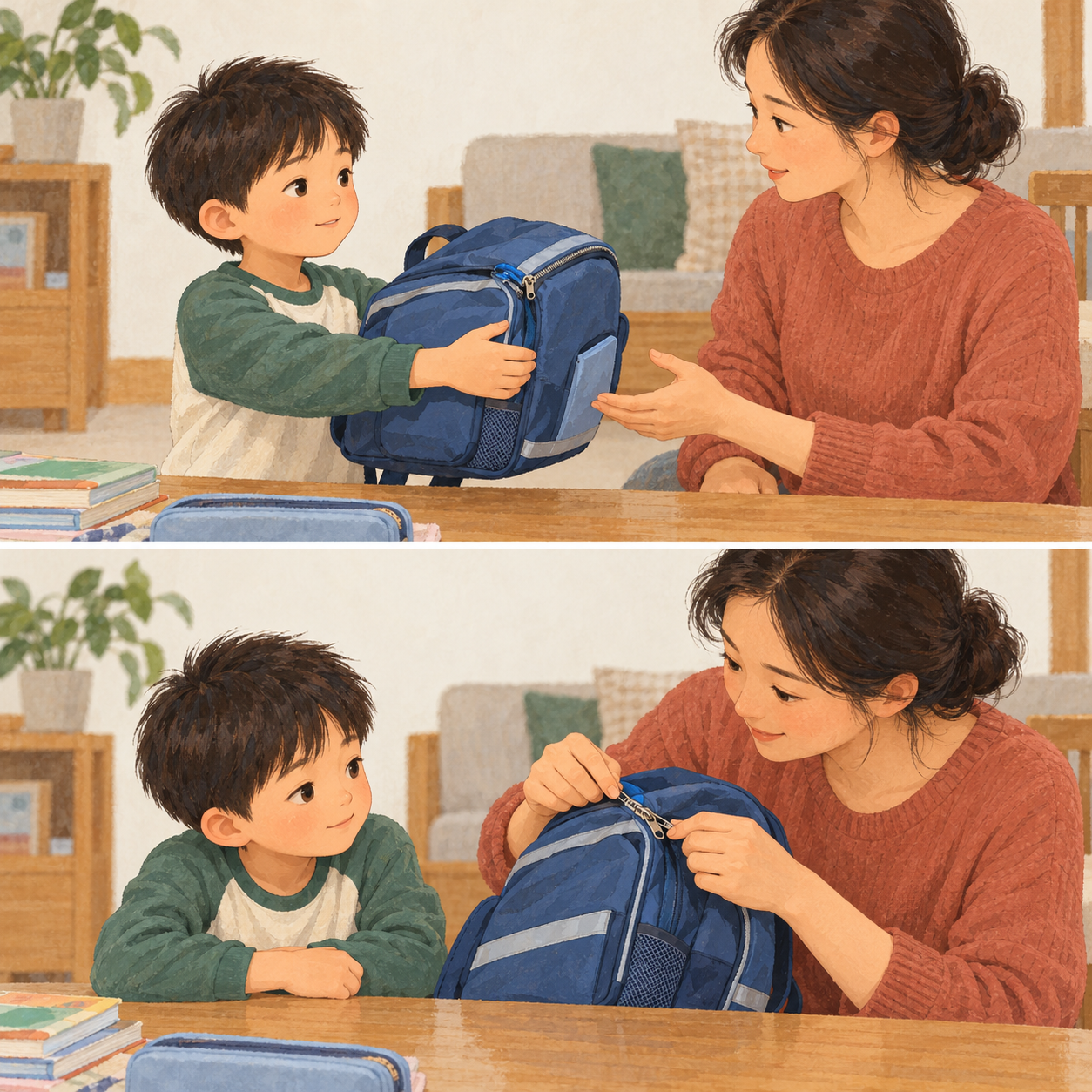 上下两幕虚构情境：孩子主动把书包递给照顾者；照顾者接过书包，回应求助并协助处理拉链。