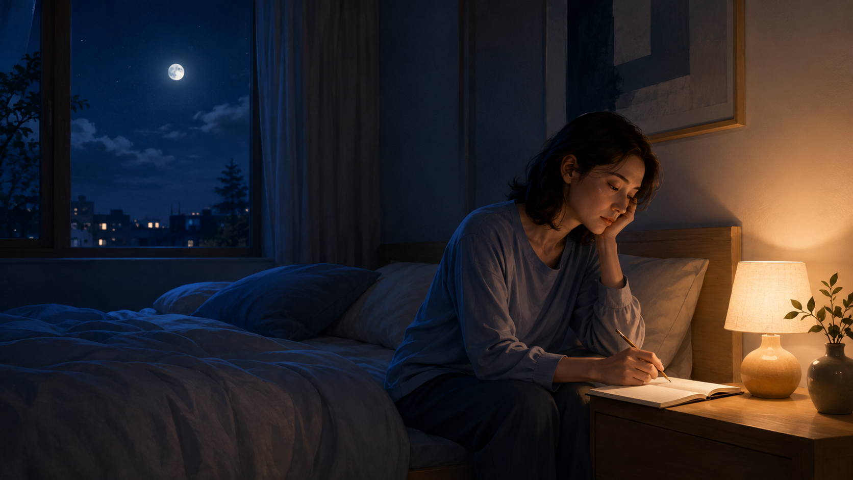 夜晚卧室里一位成年人坐在床边记录睡眠状态