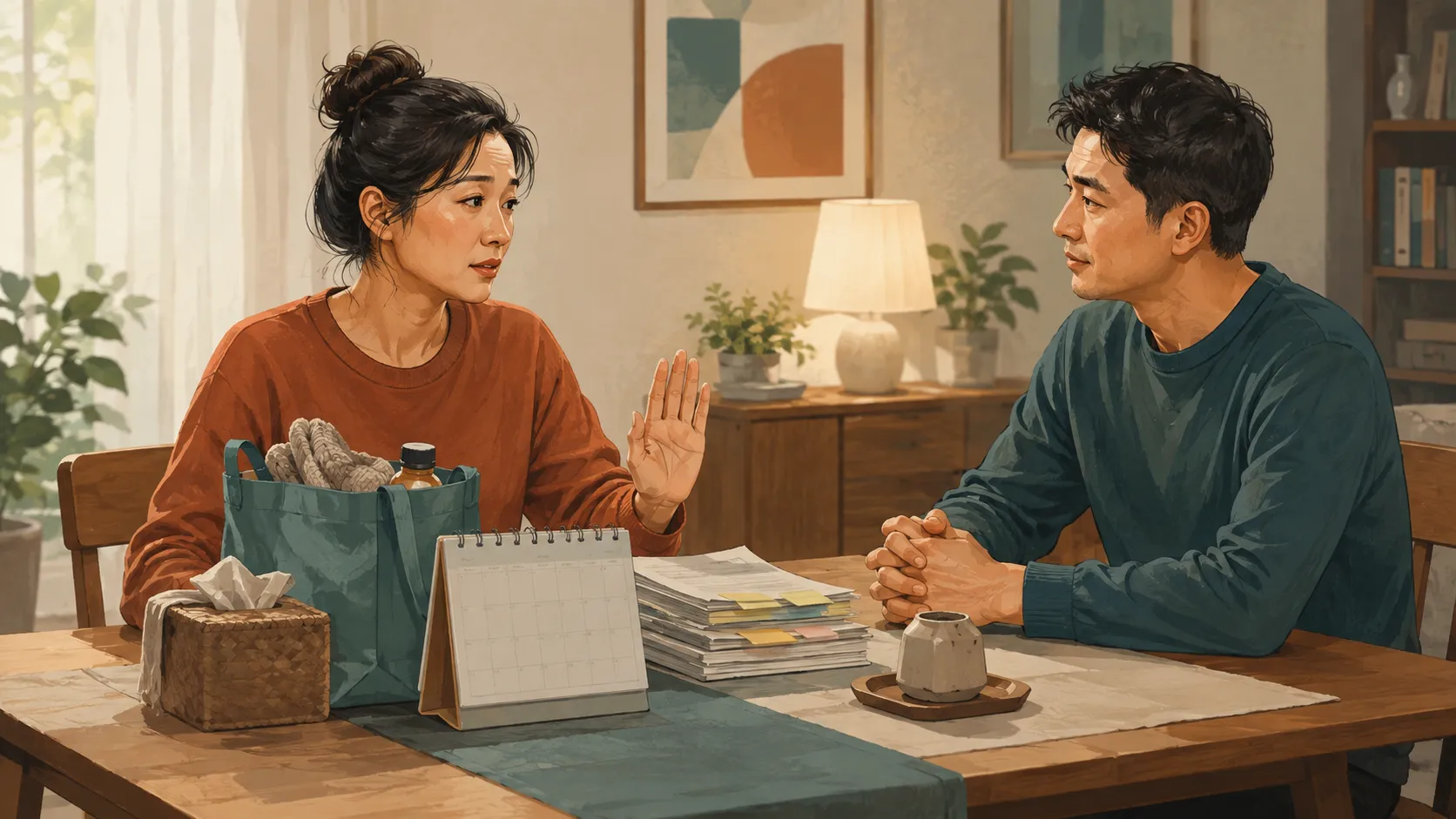 一位成年人放下负担并向伴侣表达暂停和边界