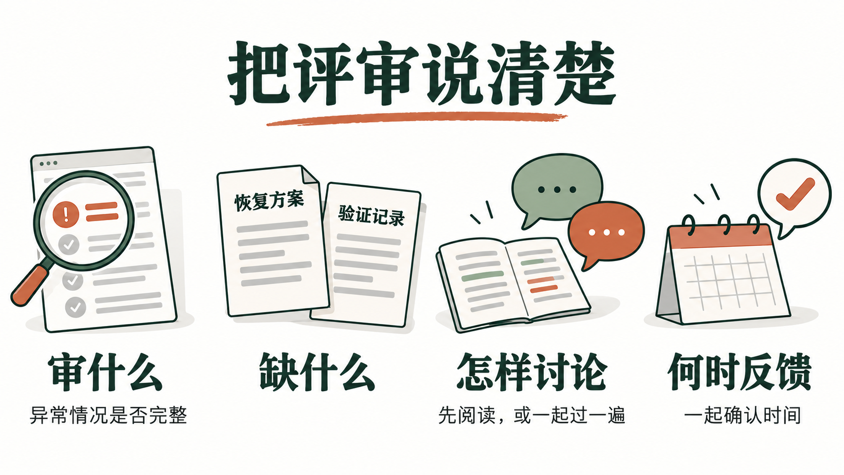 评审时确认审什么、缺什么、怎样讨论、何时反馈,示例材料为恢复方案和验证记录