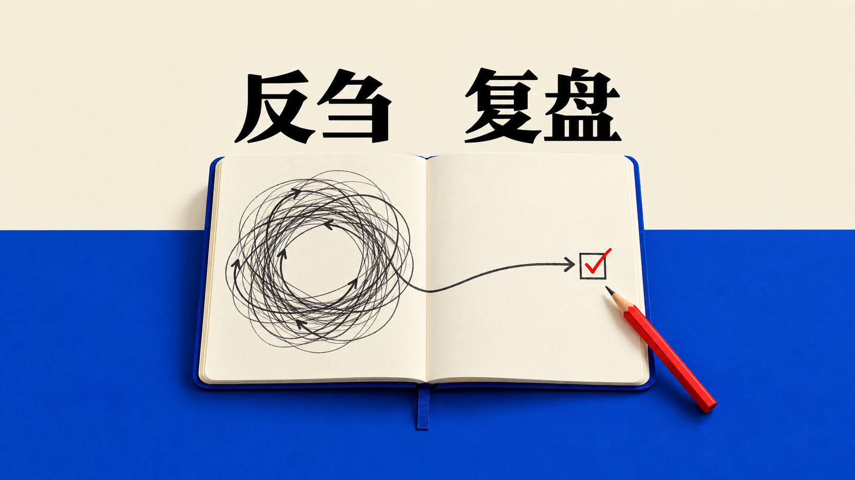 笔记本左页是反刍循环，右页用箭头指向可行行动的勾选框