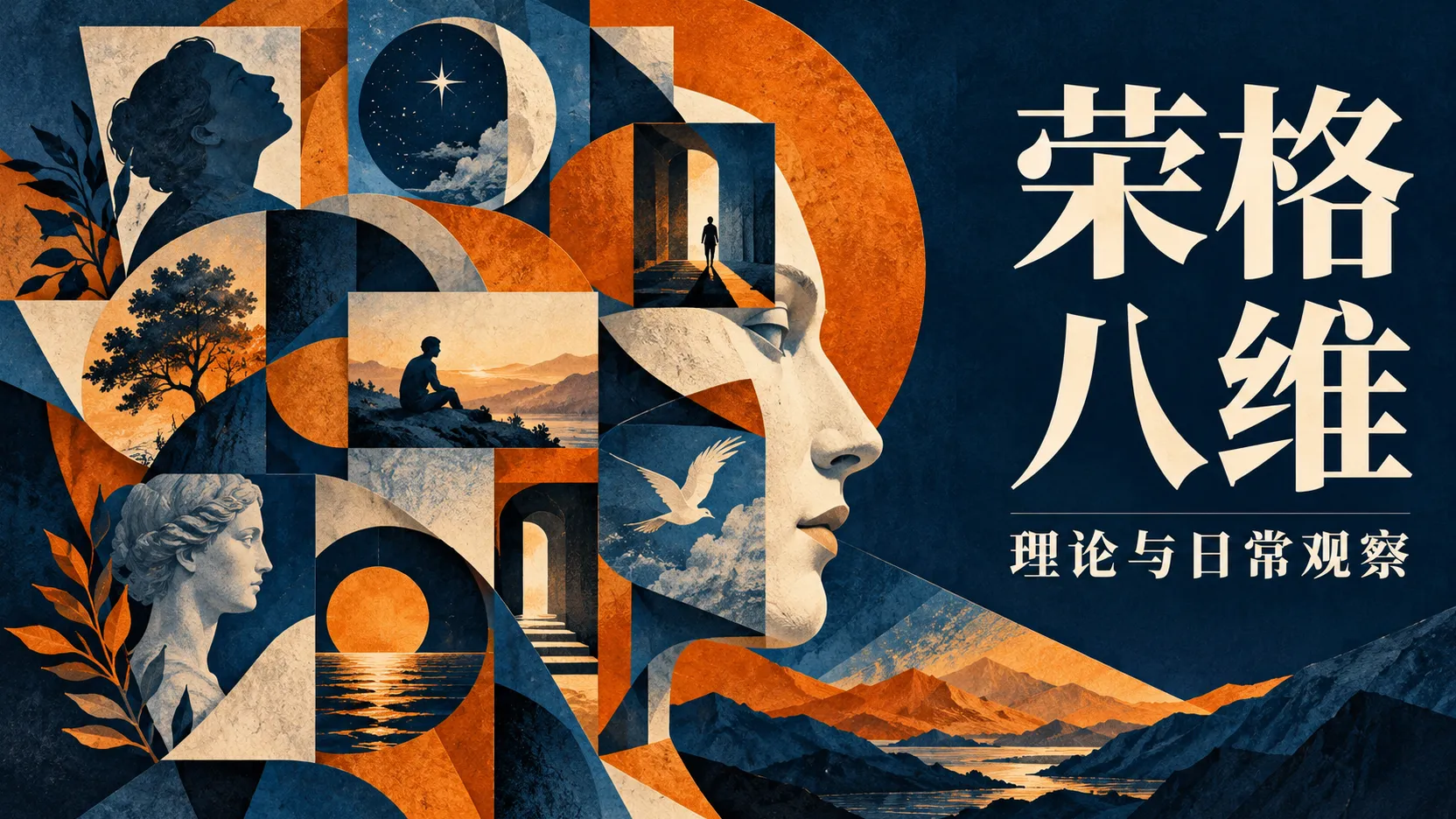 荣格八维:理论与日常观察的蓝橙色概念插画