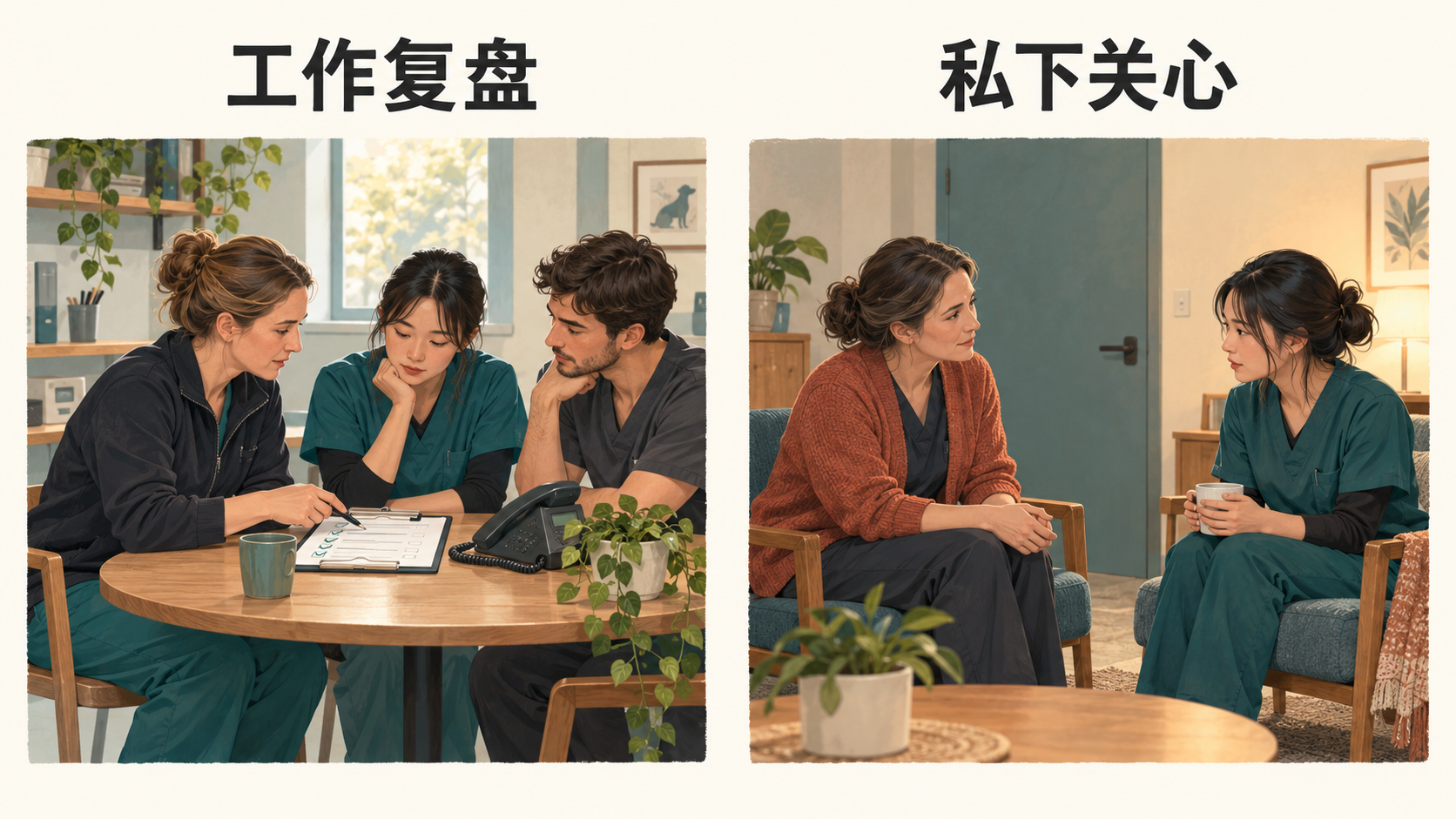 左侧,宠物医院负责人和同事围绕交接记录与电话进行工作复盘;右侧,负责人与员工在私下交谈,员工可自行选择是否分享感受。