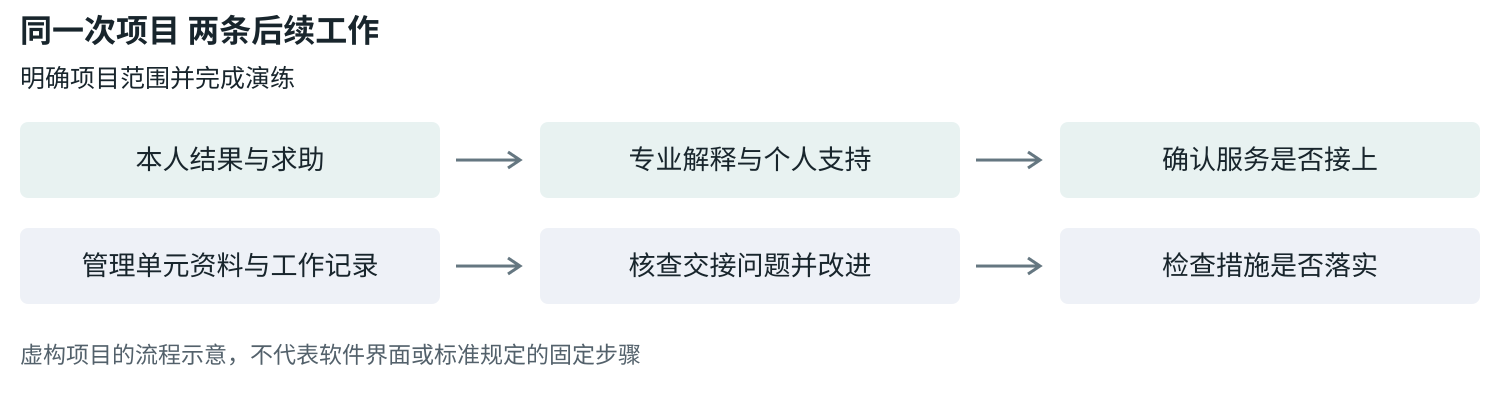 项目启动后，个人反馈进入专业支持，工作场所资料进入管理改进，两条流程分别检查落实情况。