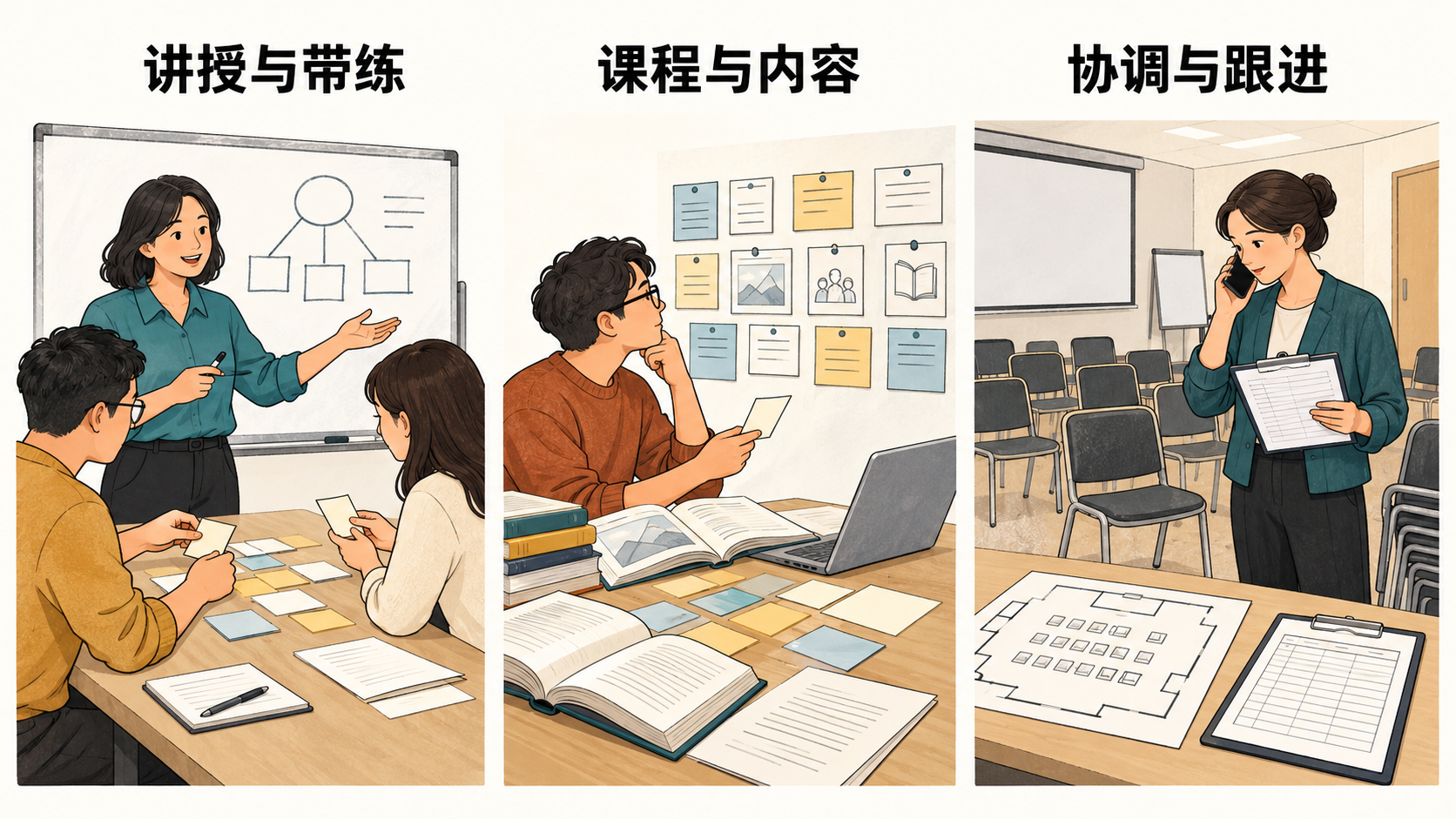 三个虚构的培训工作场景：讲授并带领练习、研究资料与设计课程、协调场地并跟进事务。