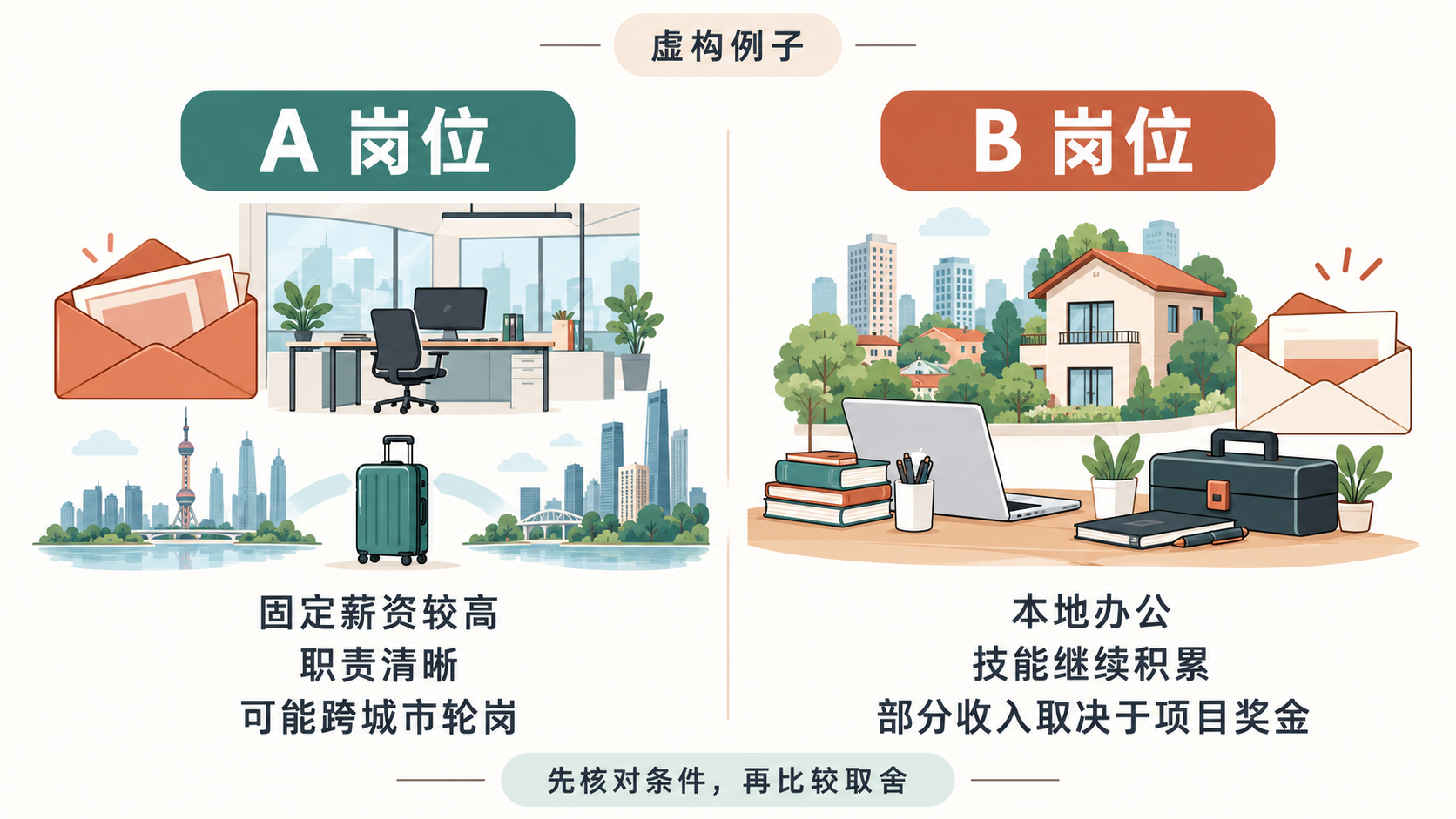 虚构的两份岗位条件对比。A 岗位固定薪资较高、职责清晰，但可能跨城市轮岗；B 岗位本地办公、技能继续积累，但部分收入取决于项目奖金。