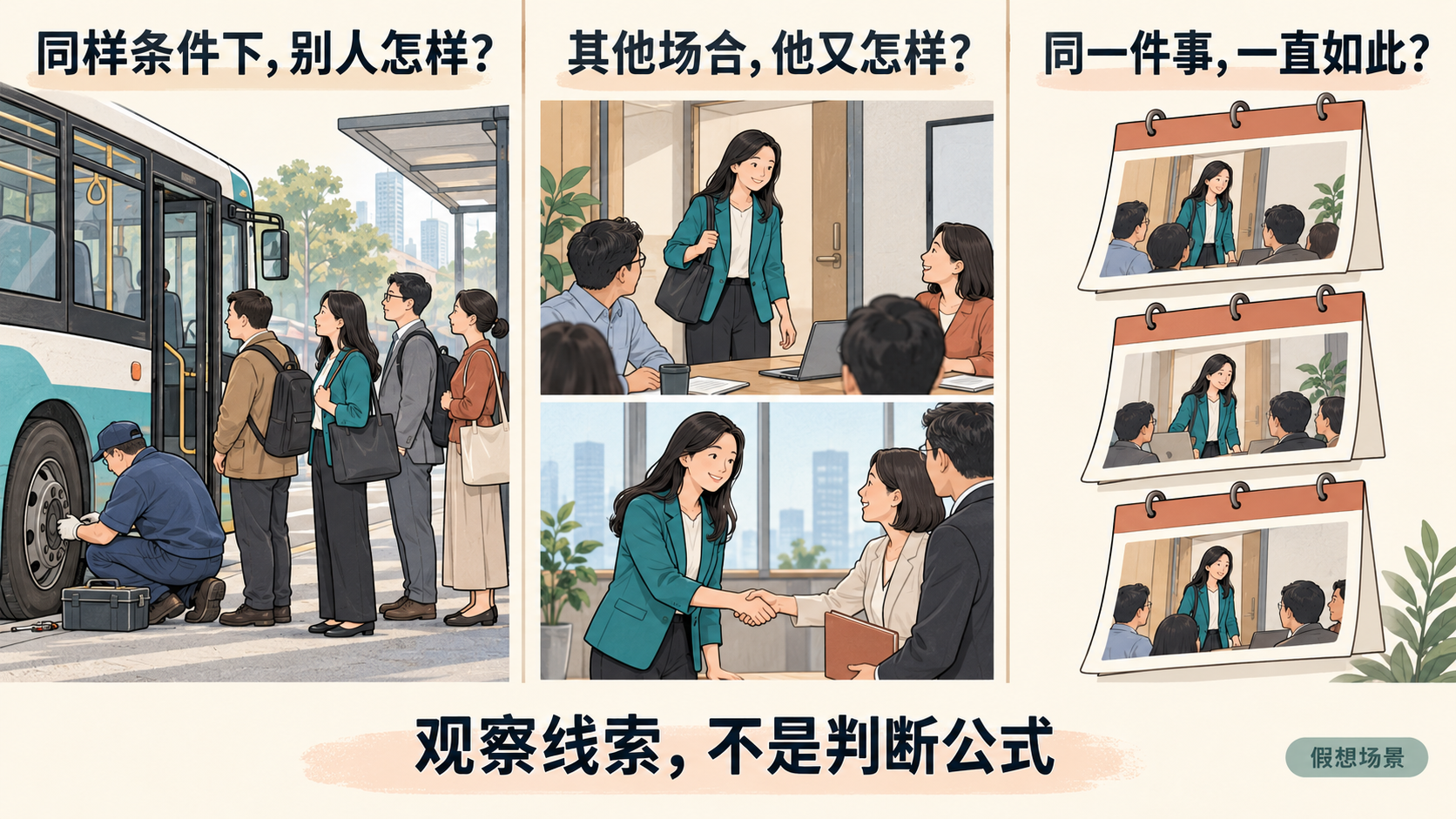 三组假想场景分别呈现同车通勤者、同一个人在不同工作场合,以及反复出现的会议,提示从他人、场合和时间补充观察;这些线索不是判断公式。