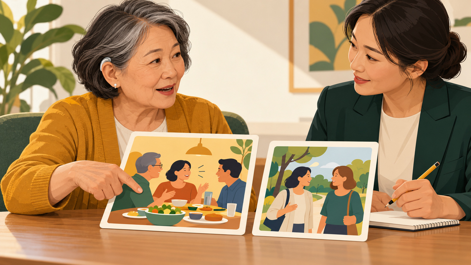 佩戴助听器的本人主动选择家庭聚餐/朋友交谈情境卡，表现目标选择和沟通参与，不是设备广告。