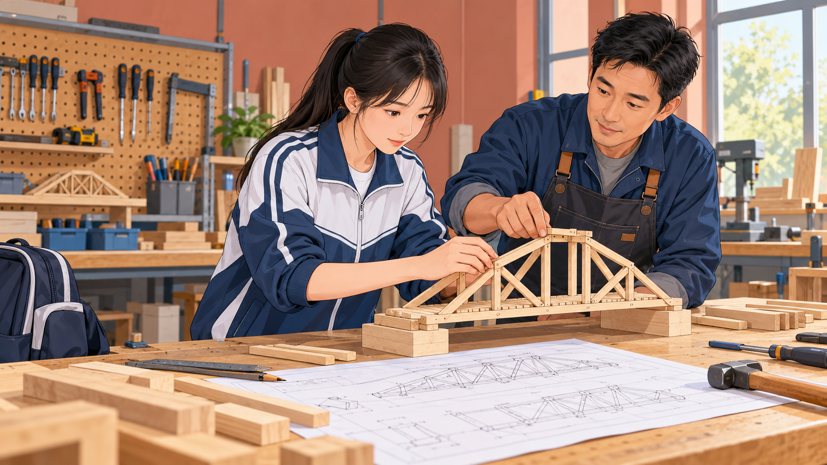 学生在老师指导下体验木桥模型制作，了解实际学习活动