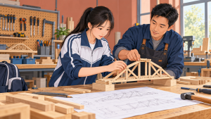 学生在老师指导下体验木桥模型制作，了解实际学习活动