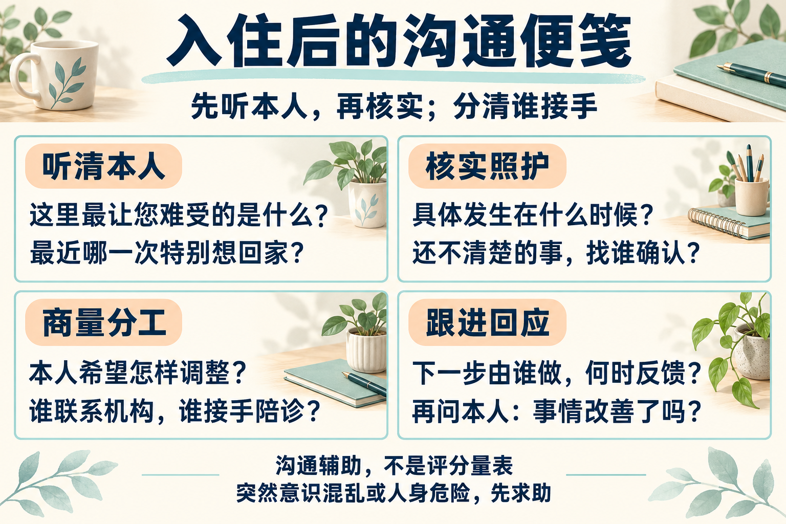 入住后的沟通便笺:听清本人、核实照护、商量分工、跟进回应;突然意识混乱或人身危险先求助