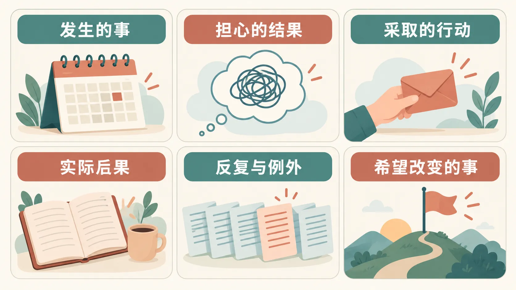 整理一次回避经历的六项信息，包含发生的事、担心、行动、结果、类似经历与目标