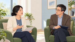 成年女性放下问卷与心理咨询师交流当前困扰