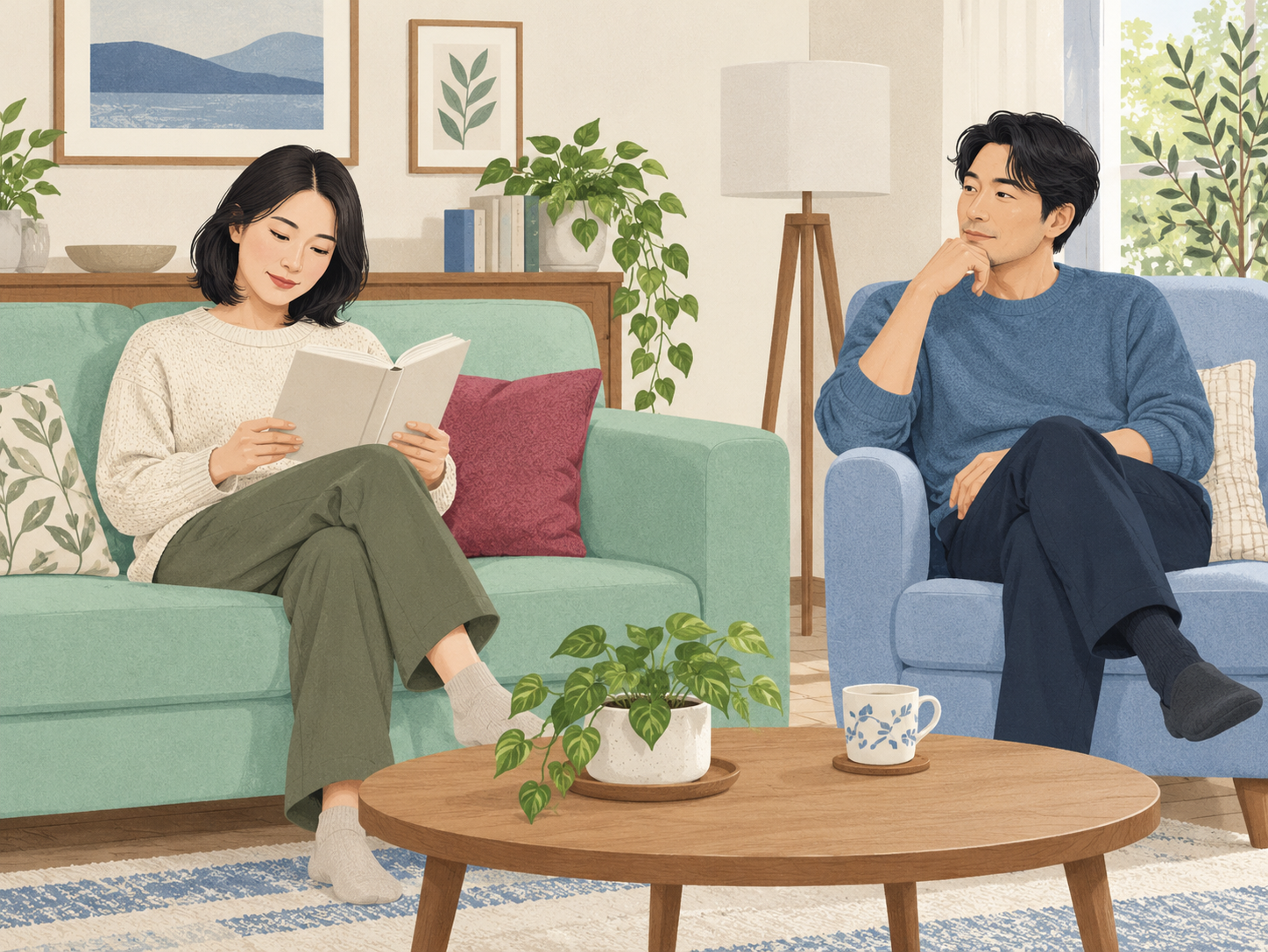两位成年人在客厅各自放松，一人安静阅读