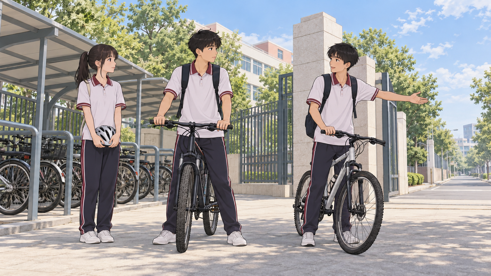 三名学生在校门口的自行车旁交流