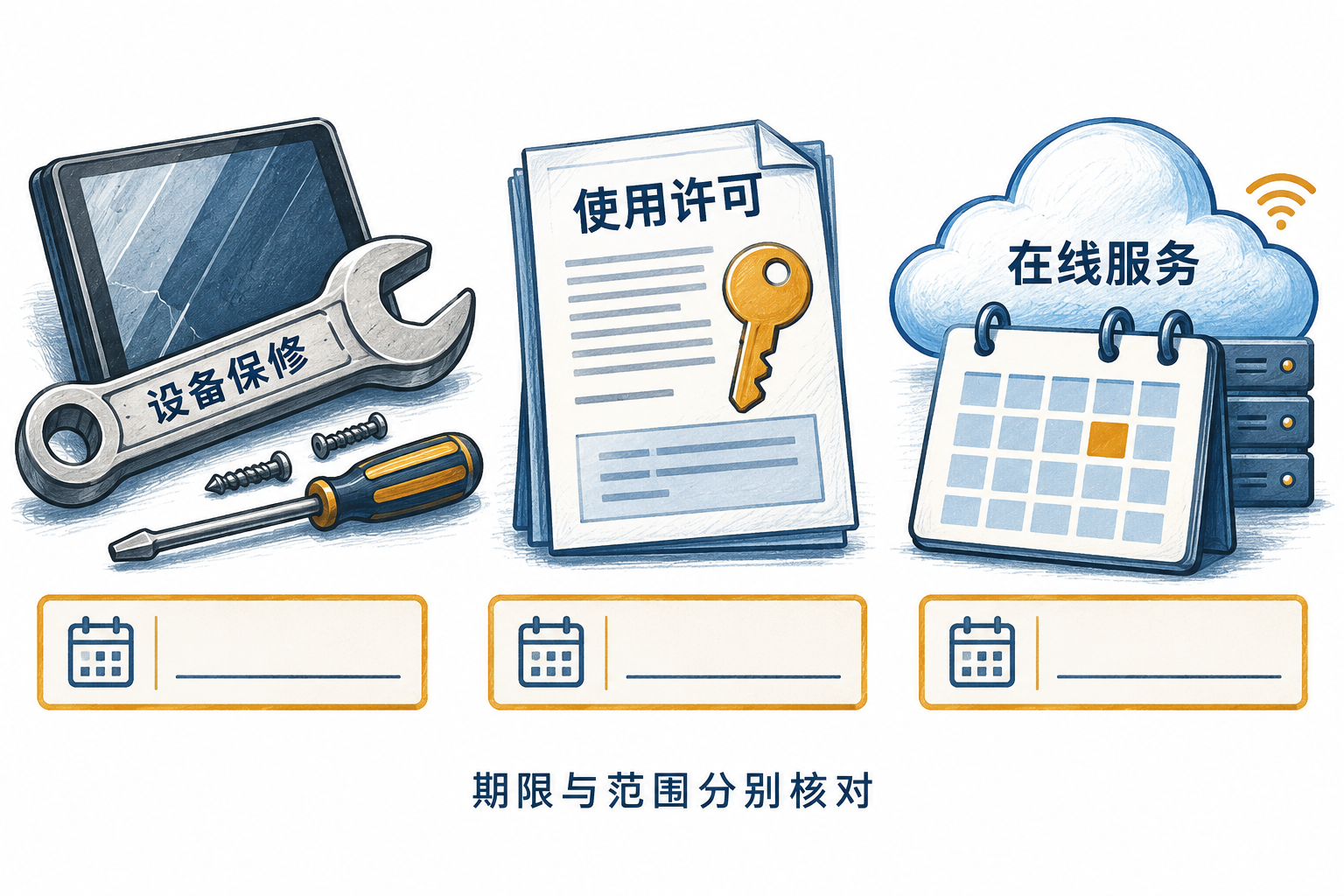 图1  设备保修、软件使用许可和在线服务应分别核对期限与范围。