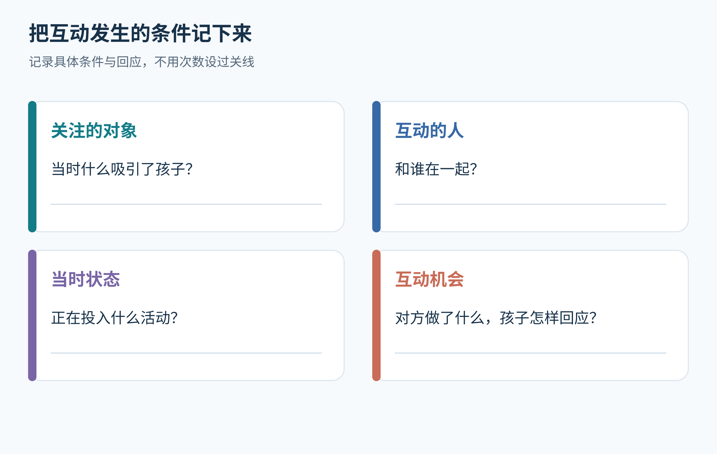 观察联合注意时并列记录正在关注的对象、互动的人、当时状态和是否有分享机会，不设置正常次数或过关线