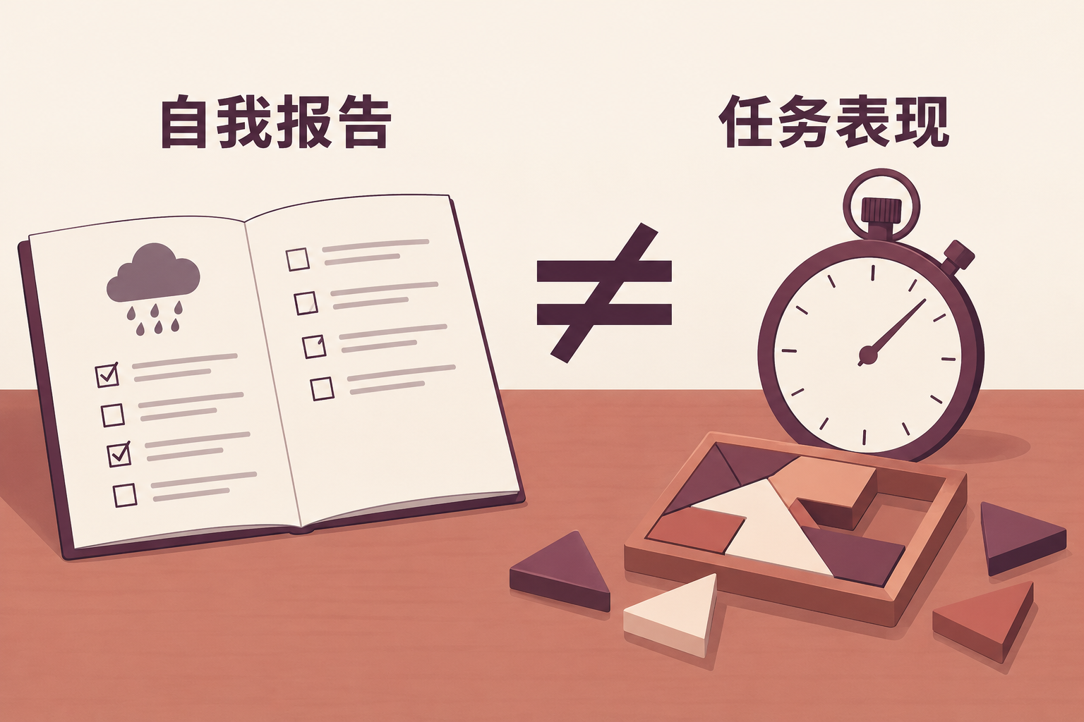 自我报告问卷与计时任务并列，中间用不等号表示两种测量资料不能互换。