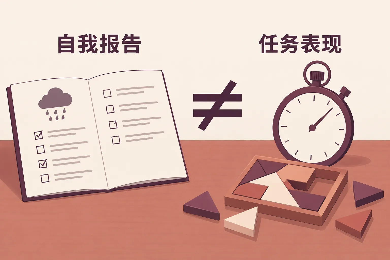 自我报告问卷与计时任务并列,中间用不等号表示两种测量资料不能互换。