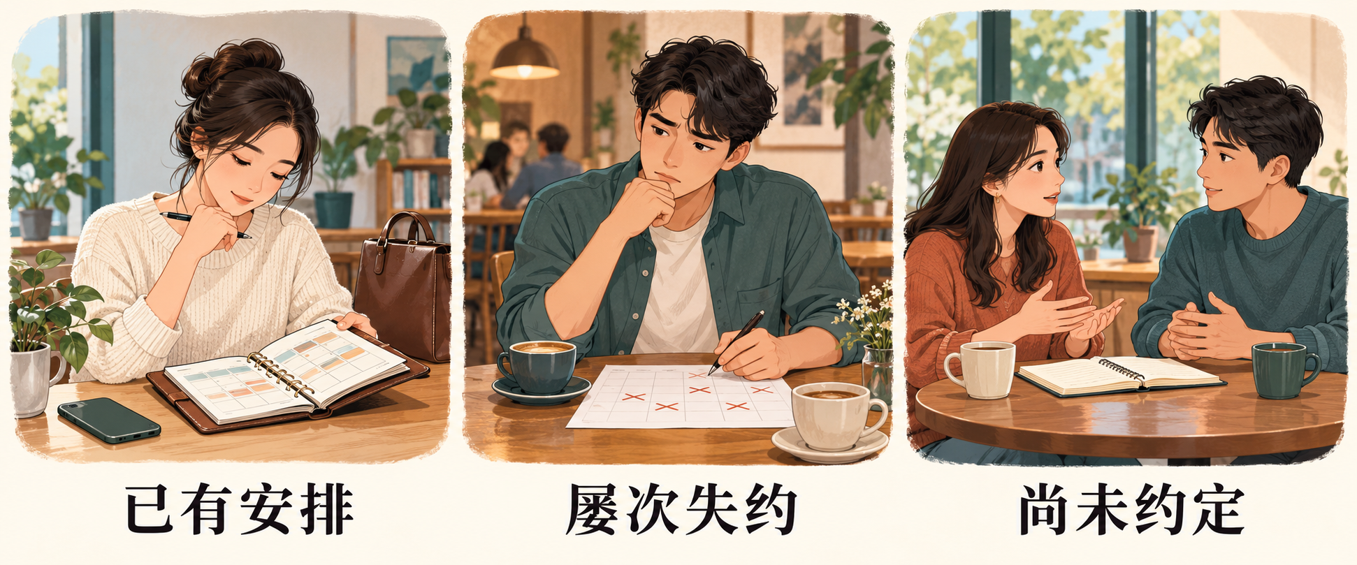 三种未回复情境对照：已有安排、屡次失约、尚未约定。