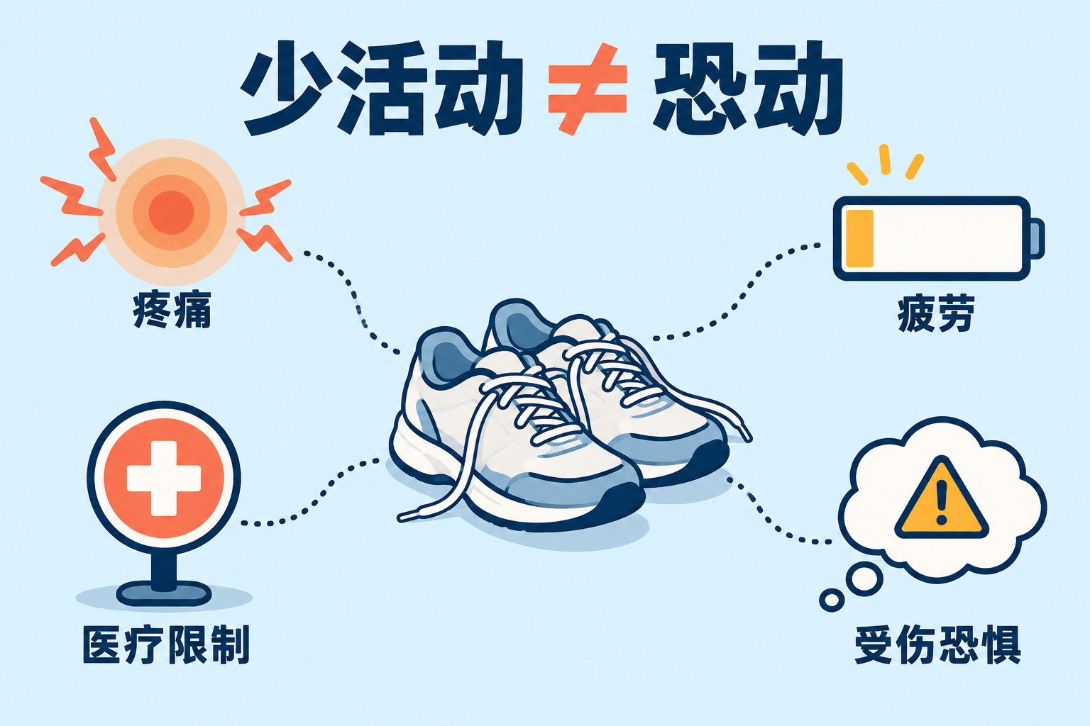 少活动不等于恐动；步行鞋周围列出疼痛、疲劳、医疗限制和受伤恐惧等不同因素。