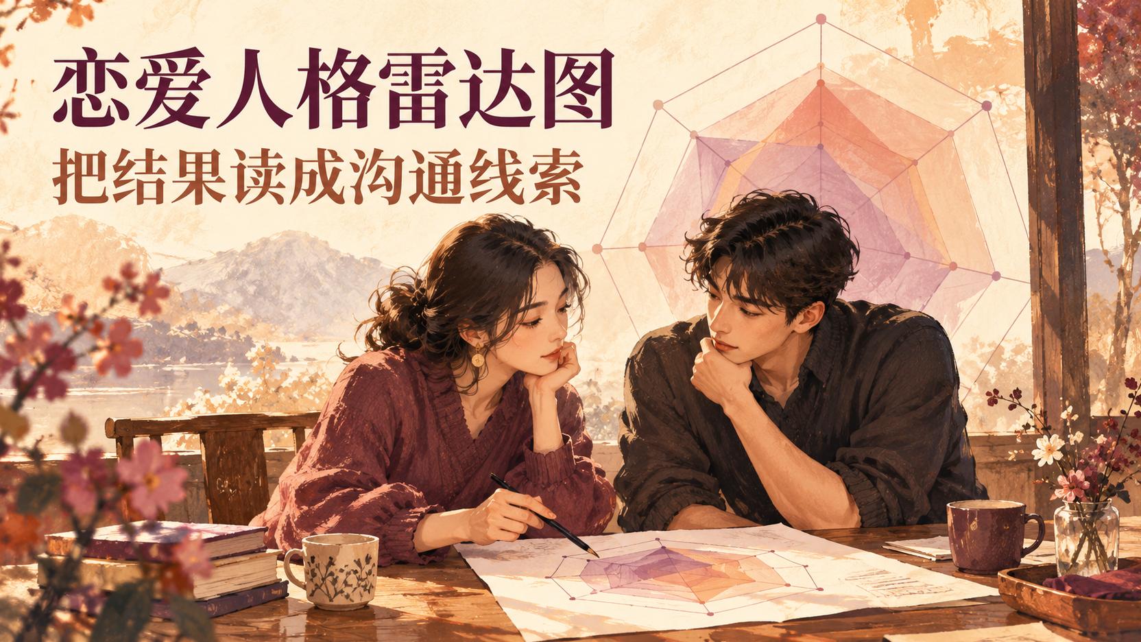 恋爱人格雷达图使用说明封面,雷达形状仅作插画示意,不代表实际测评报告