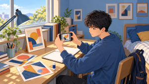 男生用手机拍摄书桌上的拼贴画
