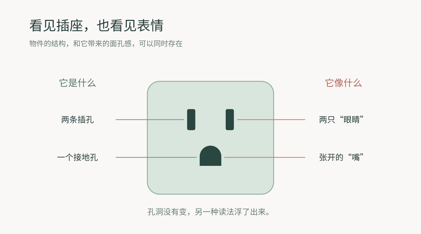 同一个插座的左右两侧分别标出物体结构和人脸解读，说明插孔与眼睛、接地孔与嘴的双重感受