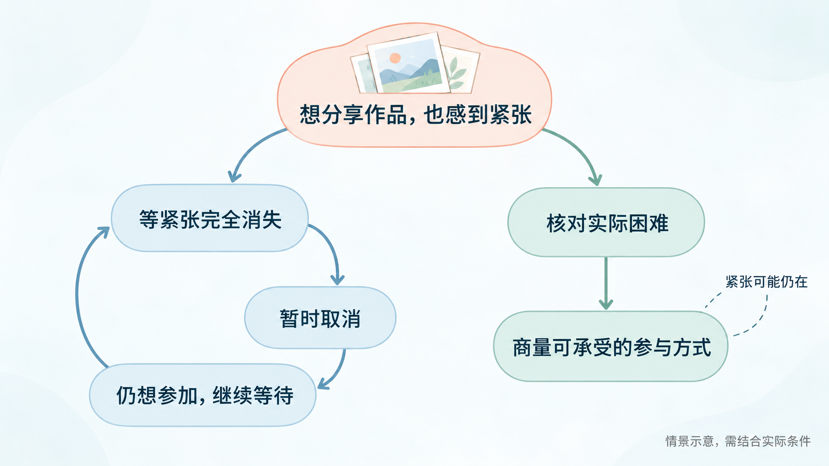 分享作品时紧张与行动选择的情景示意
