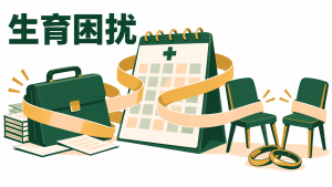 生育困扰主题插画：医疗预约日历连接工作包、伴侣座椅与婚戒，提示生活受到的多方面影响。