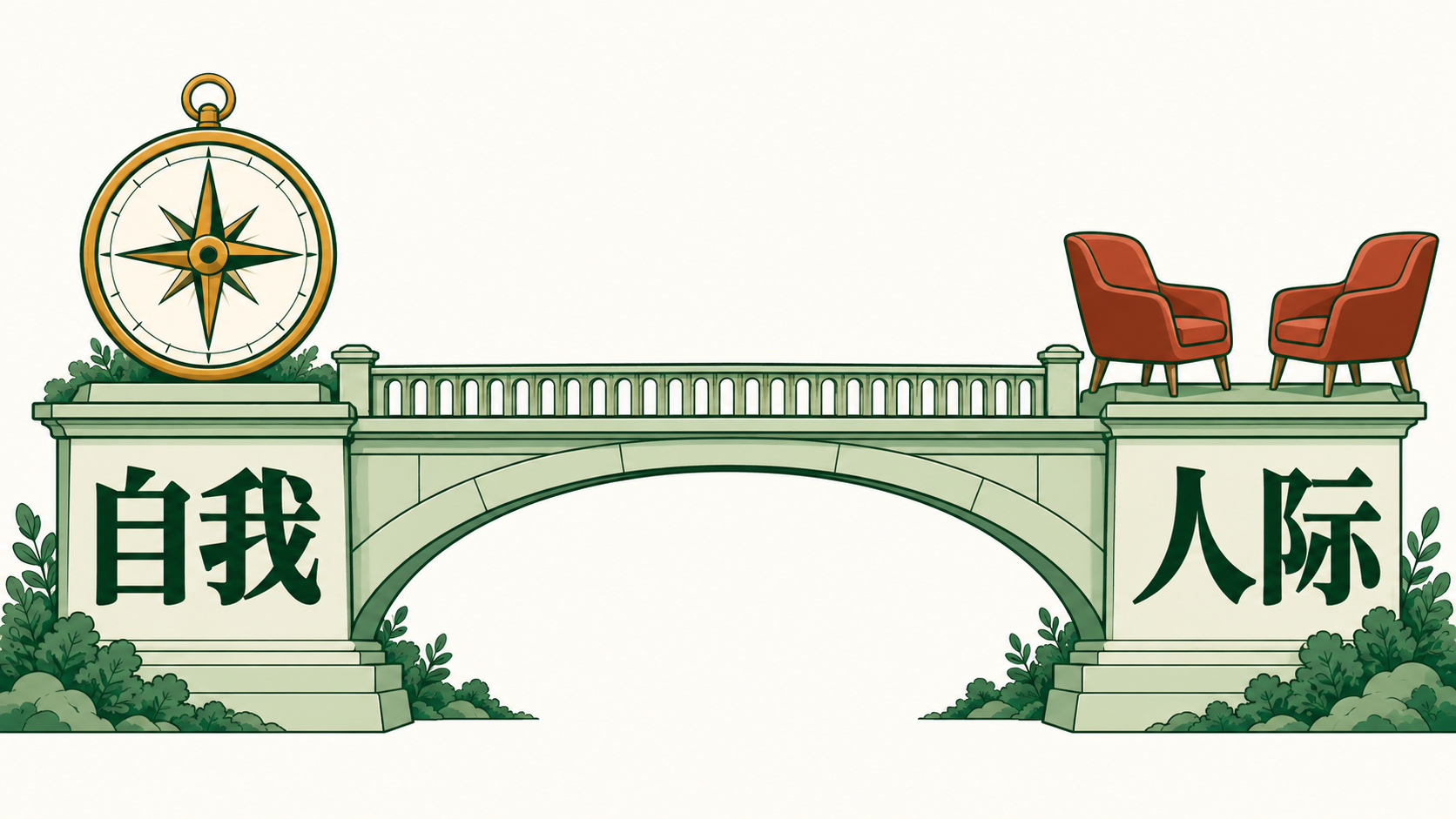 一座完整的桥连接自我和人际两端，自我端为方向罗盘，人际端是面对面的两张椅子。