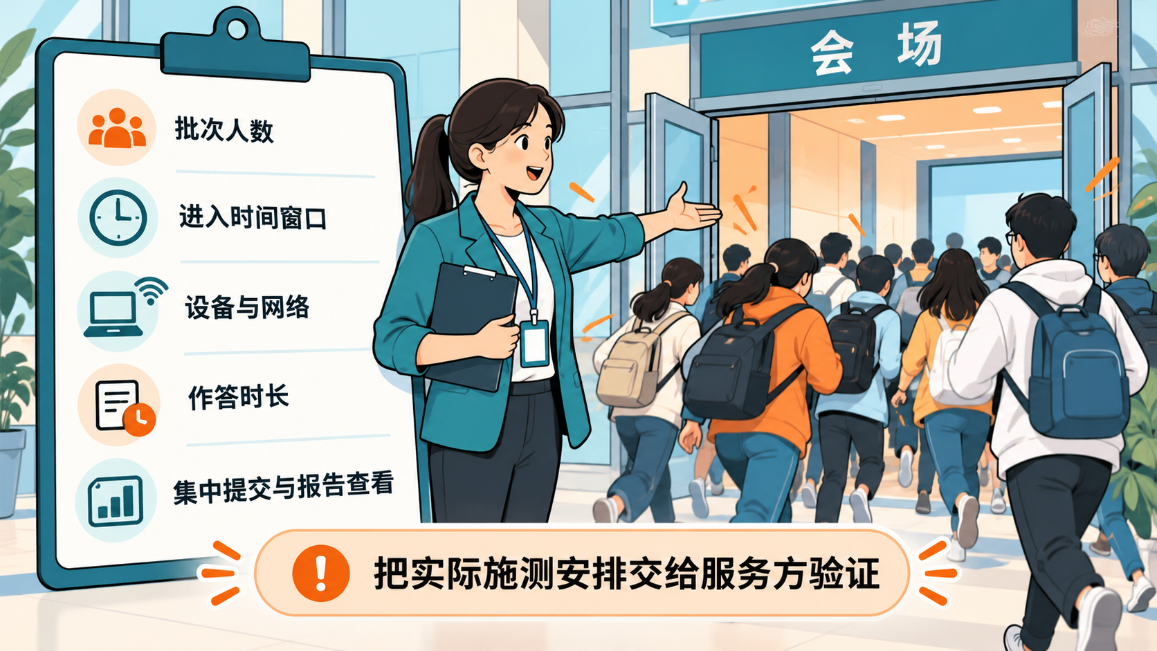 图2 将实际施测安排交给服务方验证，包括人数、时间窗口、设备网络和操作过程。