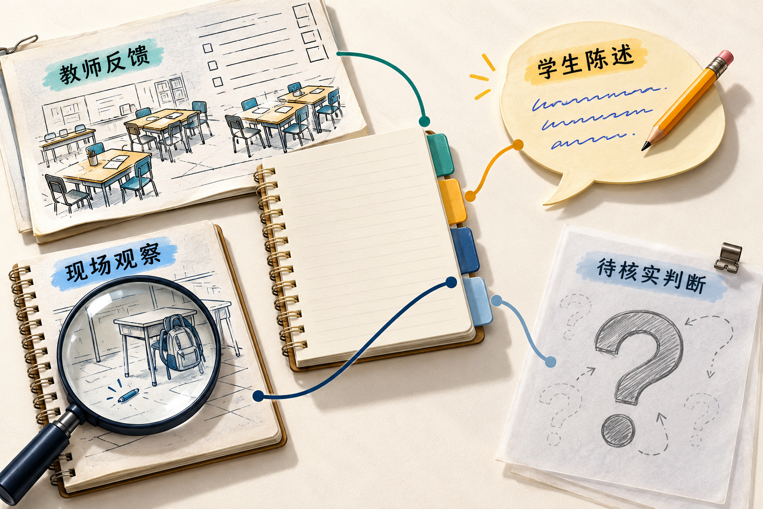 教师反馈、学生陈述、现场观察及待核实判断分别对应记录页签的示意图