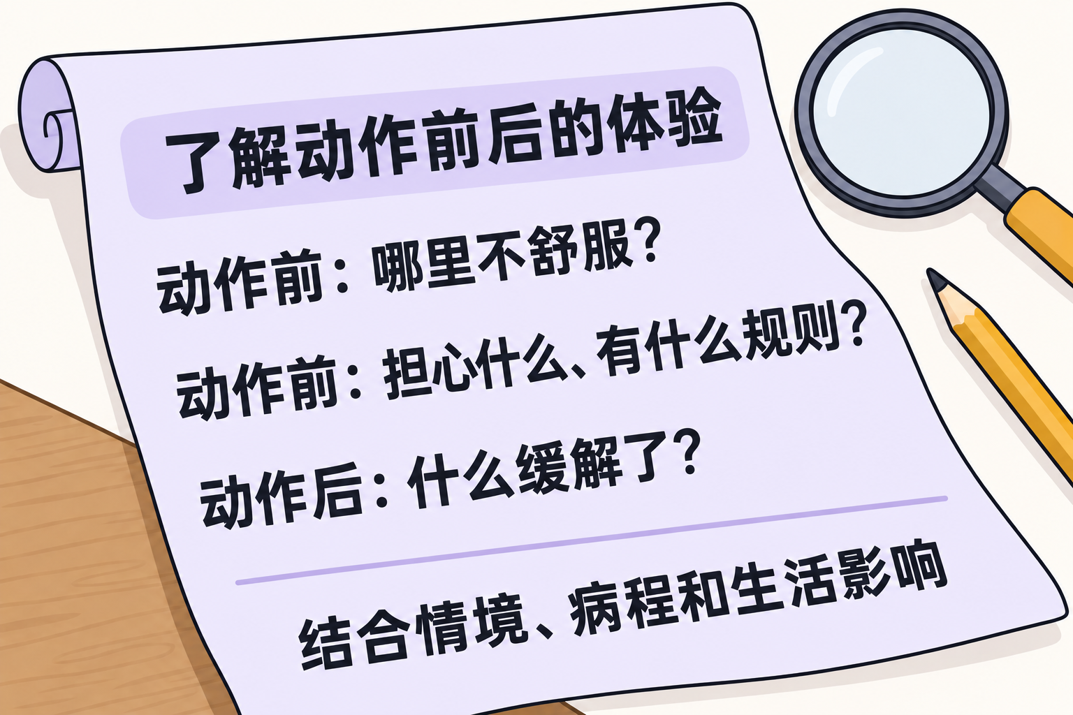 了解动作前后的体验：动作前哪里不舒服，有什么担心和规则，动作后什么缓解；结合情境、病程和生活影响。