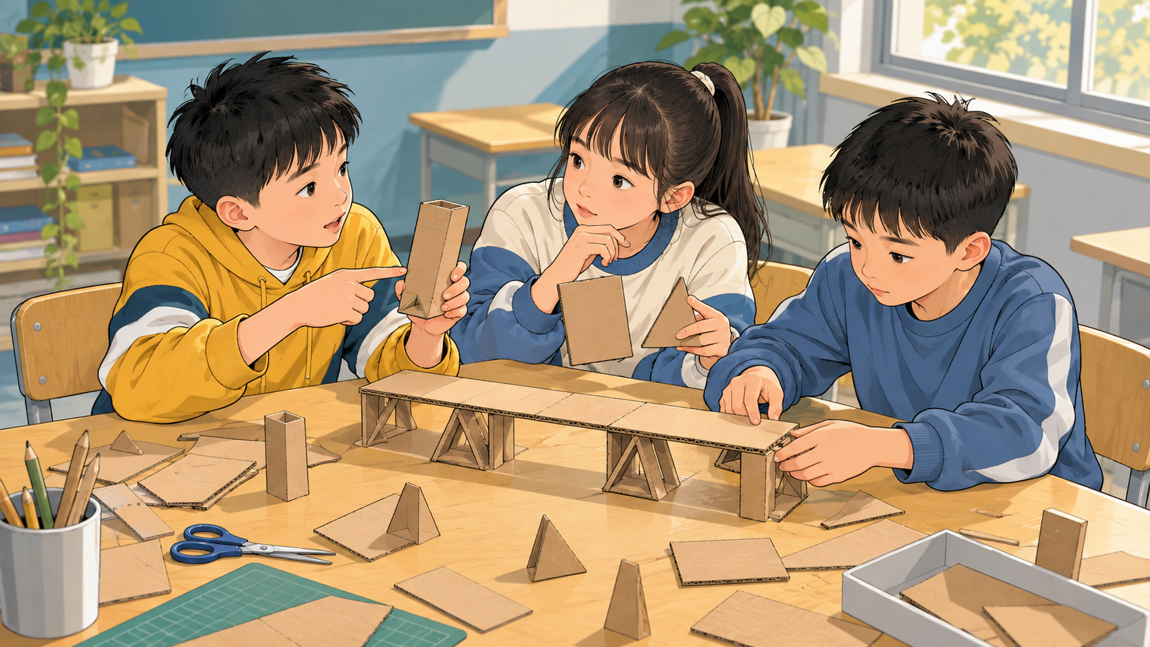 三名小学生商量分工并一起搭建纸板桥,在具体活动中观察合作行为