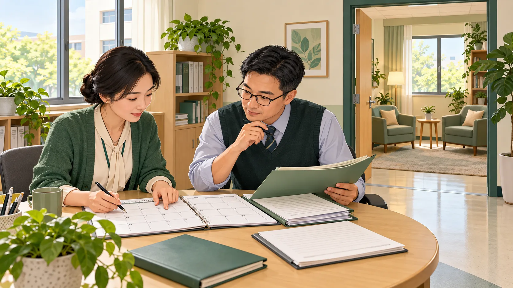 学校工作人员核对辅导预约与资料,为测评后的支持安排时间
