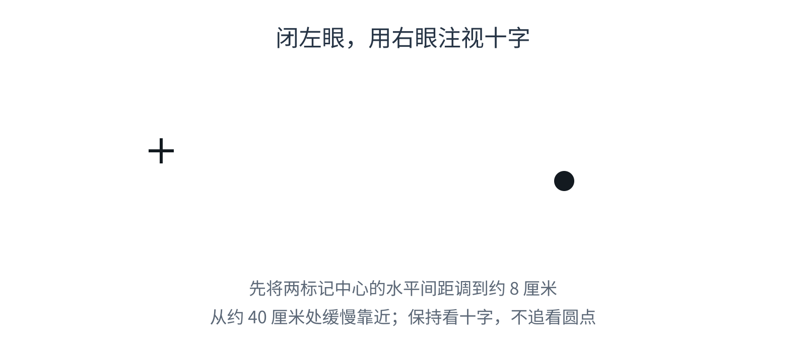 白底左侧为十字，右侧略低处为黑圆点。闭上左眼，用右眼看十字，再缓慢改变观看距离。