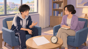学生坐在辅导室与老师面对面交谈