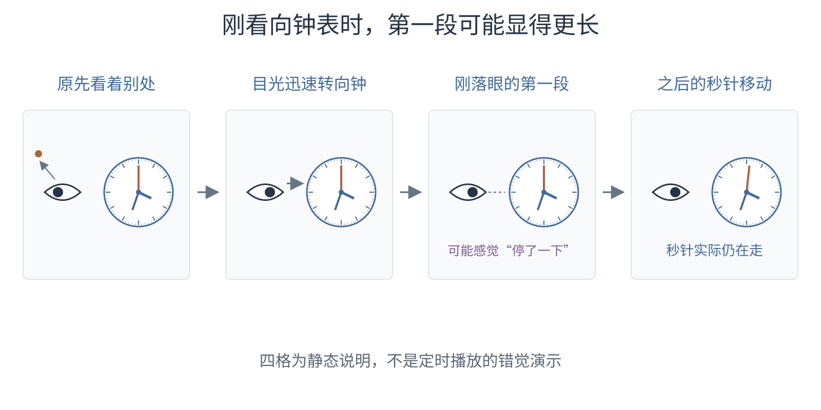 视线从别处转到钟面,刚看到的秒针位置可能像停得久一点,随后仍按原有节拍移动。