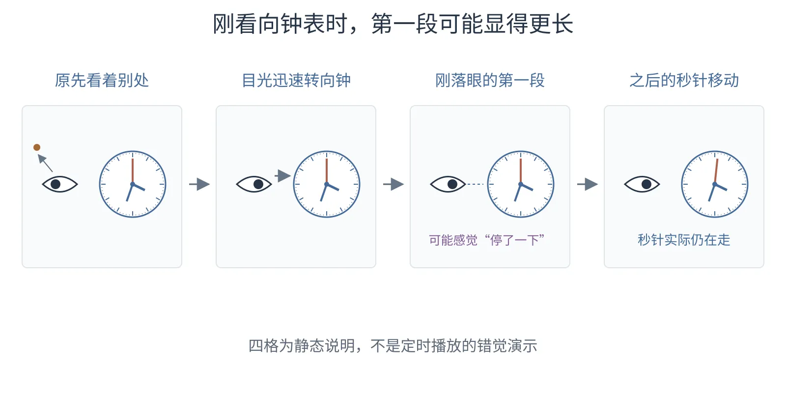 视线从别处转到钟面,刚看到的秒针位置可能像停得久一点,随后仍按原有节拍移动。