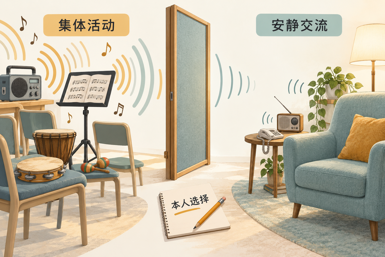 集体音乐活动与安静交流两种支持场景,由本人选择的示意图