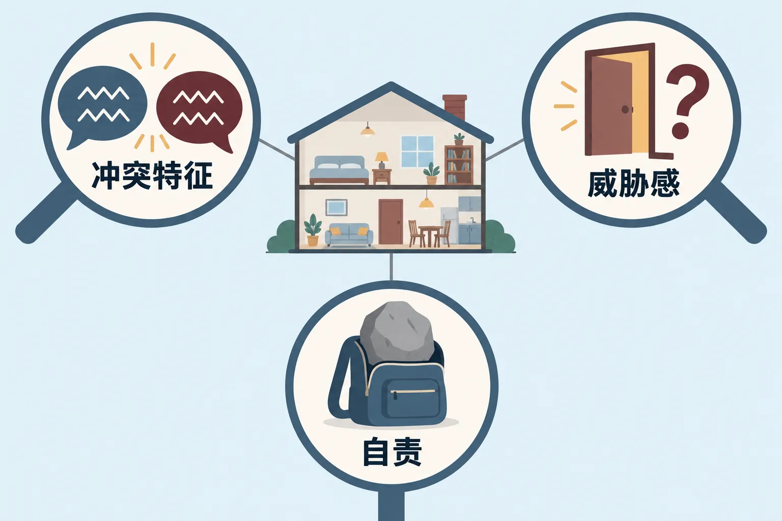 房屋连接三个观察镜,分别标示冲突特征、威胁感、自责。