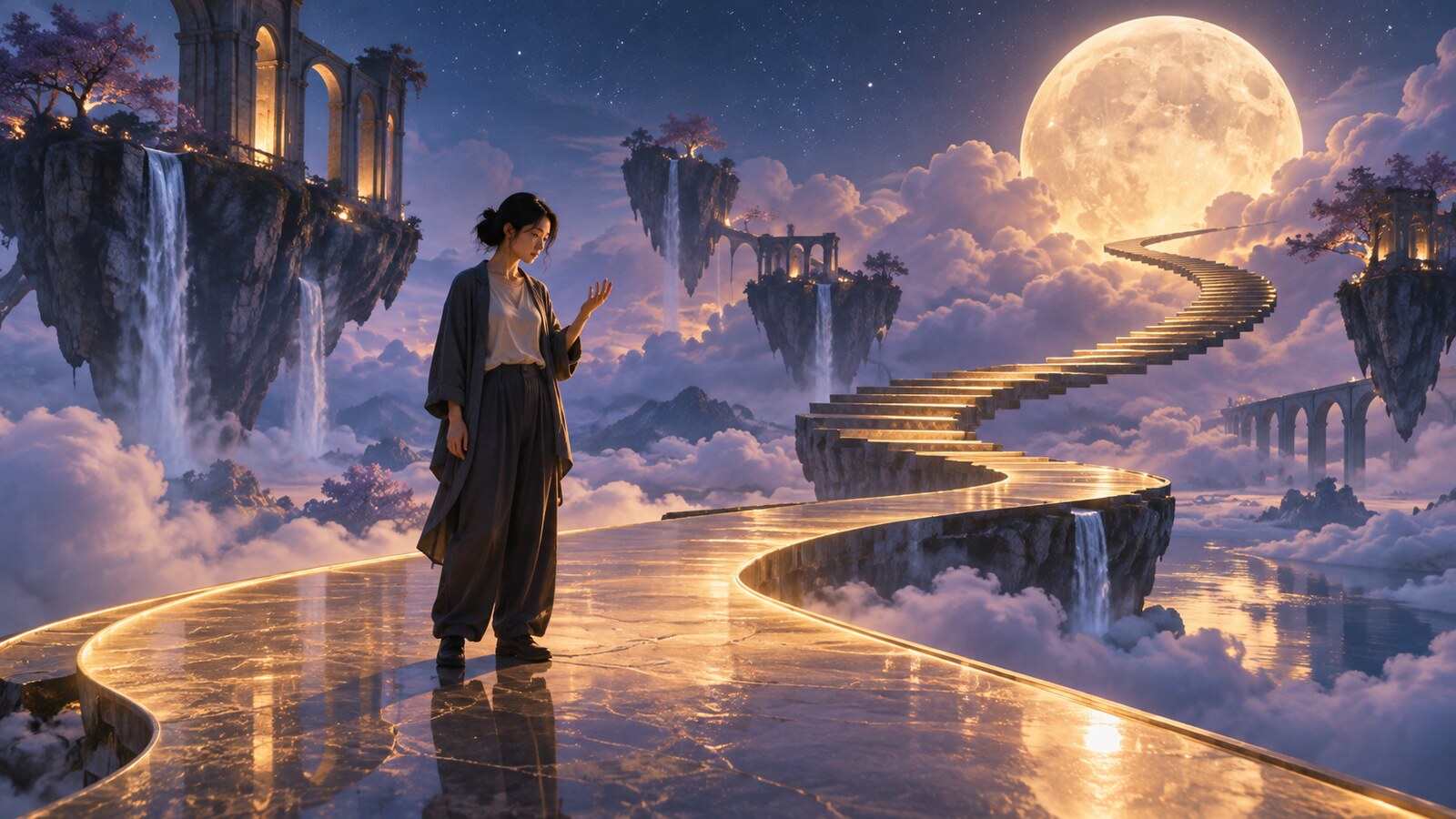 梦境中站在弯曲道路上的人观察自己的手，远处悬浮阶梯通向月亮