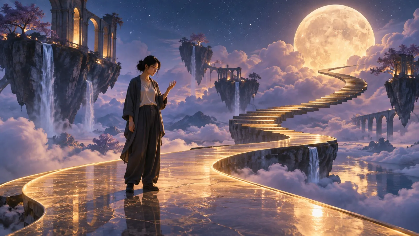 梦境中站在弯曲道路上的人观察自己的手，远处悬浮阶梯通向月亮