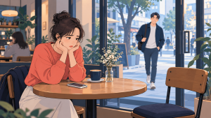 年轻女性等待伴侣回复，反复查看手机，表现关系中的不确定感